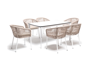 "Малага" обеденная группа на 6 персон со стульями "Марсель", каркас белый, роуп бежевый "Малага" обеденная группа на 6 персон со стульями "Марсель", каркас белый, роуп бежевый
