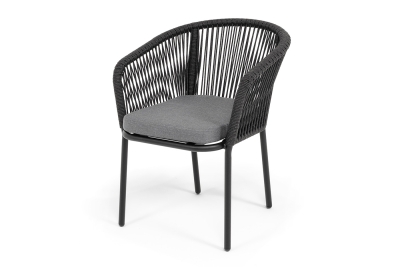 "Марсель" стул плетеный из роупа, каркас алюминий черный муар, роуп темно-серый круглый, ткань темно-серая 027