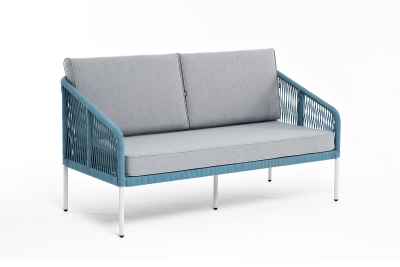 "Канны" диван 2-местный плетеный из роупа, каркас алюминий светло-серый (RAL7035) муар, роуп бирюзовый круглый, ткань светло-серая "Канны" диван 2-местный плетеный из роупа, каркас алюминий светло-серый (RAL7035) муар, роуп бирюзовый круглый, ткань светло-серая
