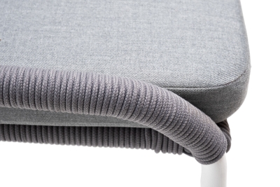 "Милан" стул плетеный из роупа, каркас алюминий белый муар, роуп светло-серый круглый, ткань светло-серая "Милан" стул плетеный из роупа, каркас алюминий белый муар, роуп светло-серый круглый, ткань светло-серая